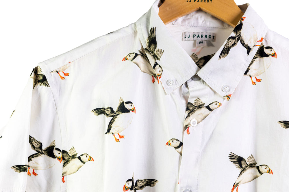 
                  
                    "Puffins Not Penguins" White Short Sleeve Button Down
                  
                
